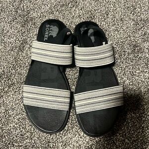 Sorel Sandals SZ 10 Ella Slingback Black White Elastic Strap Flat Hippie Boho